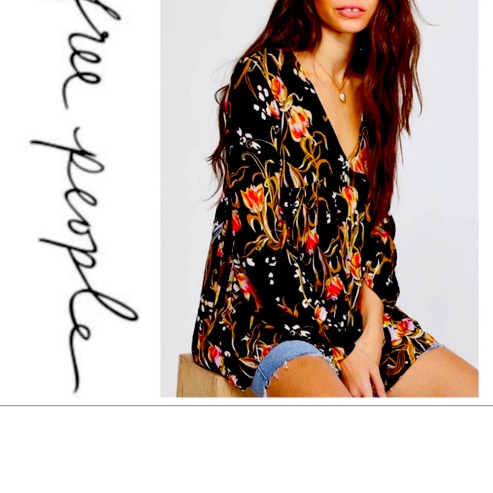 Free People Black Yellow Orange Floral V-Neck Babydoll Tunic Top Size XS